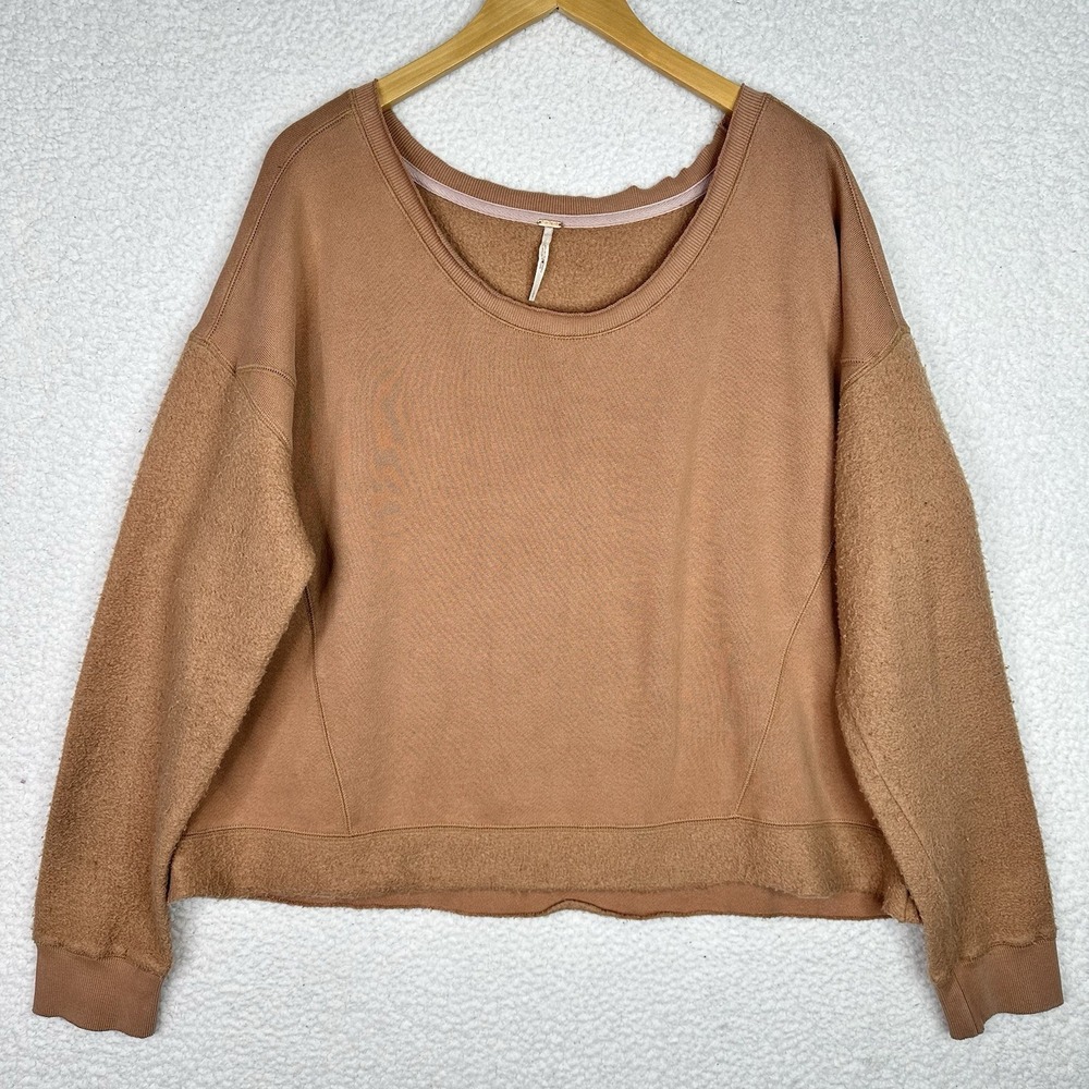 Free People Camden Oversized Fleece Sweatshirt Camel Slouchy Cozy Pullover Large